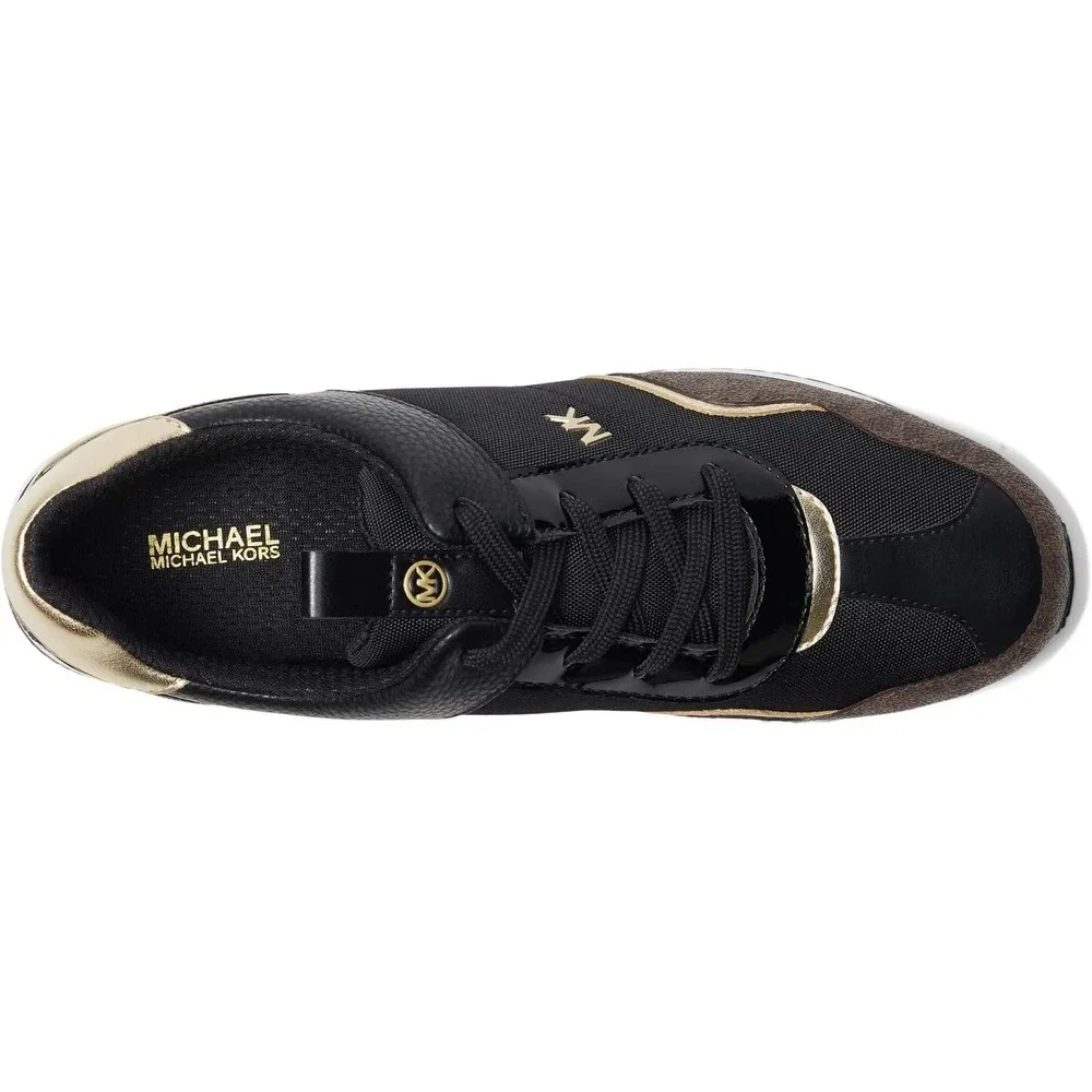 Michael Kors Raina Trainer Womens Black Gold Monogram Platform Sneakers Size 9